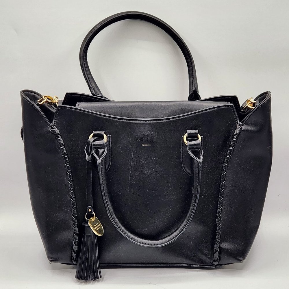 .London Fog Black Leather Convertible Satchel/Crossbody